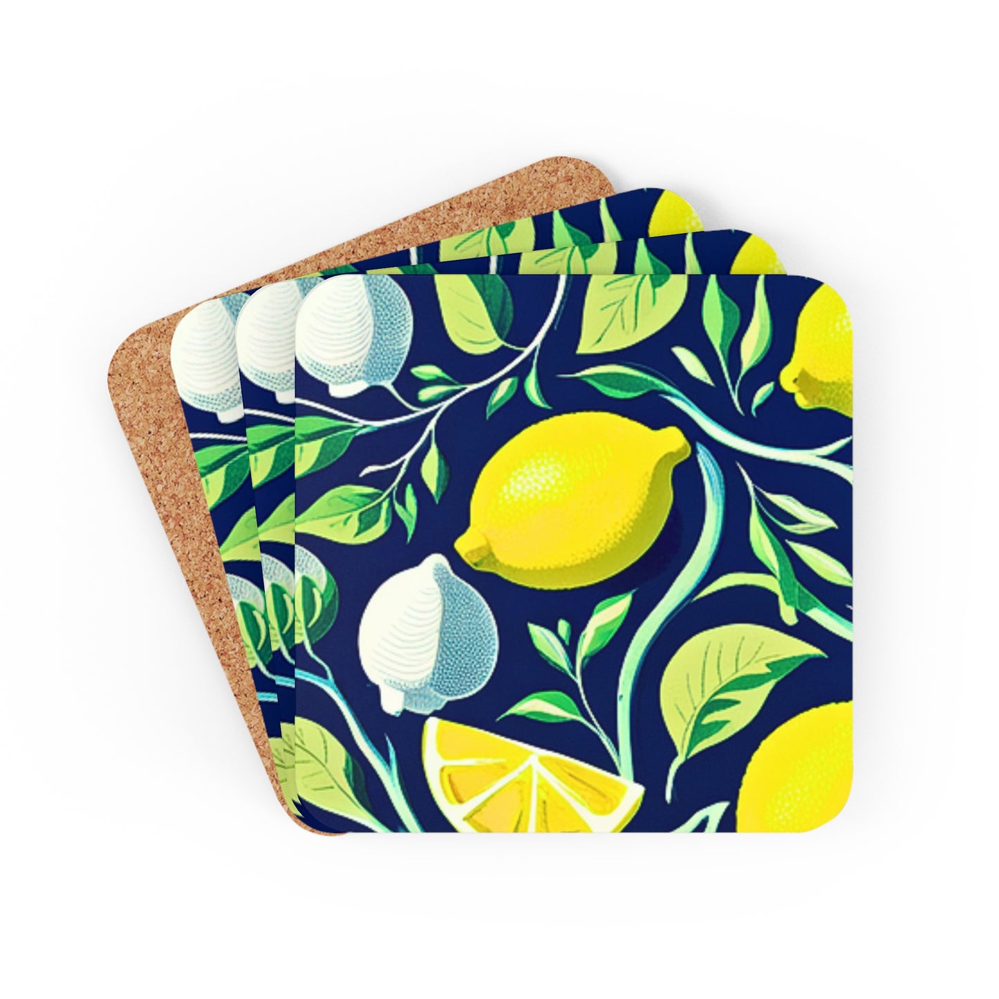 Italian Lemon Zest Botanical Illustration Pattern Cocktail Party Beverage Entertaining Corkwood Coaster Set