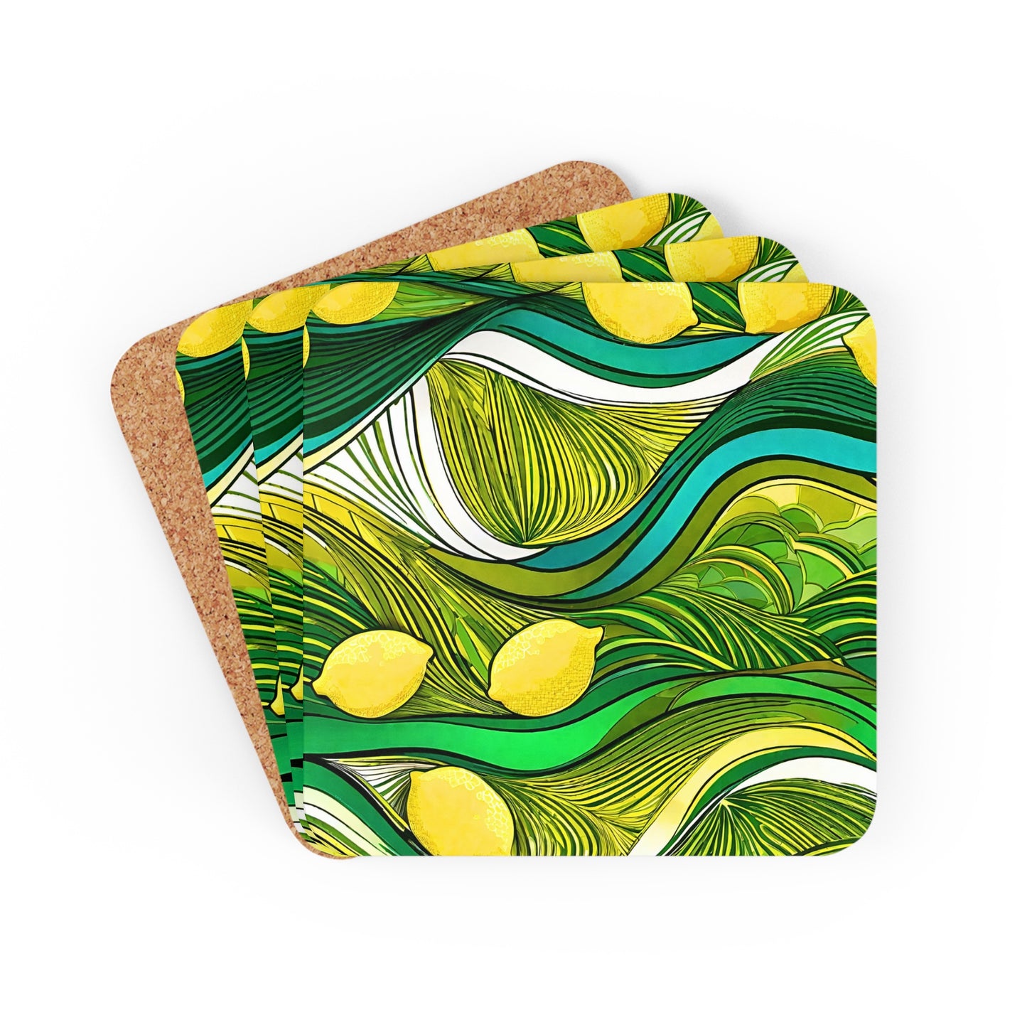 Modern Lemon Waves Beverage Cocktail Party Beverage Entertaining Corkwood Coaster Set
