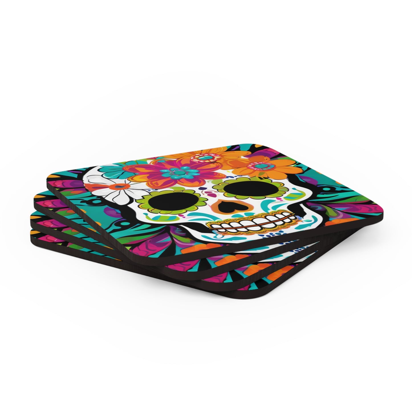 Day of the Dead Flower Power Skull Christmas Festive Dia de los Muertos Cocktail Party Fiesta Entertaining Corkwood Coaster Set