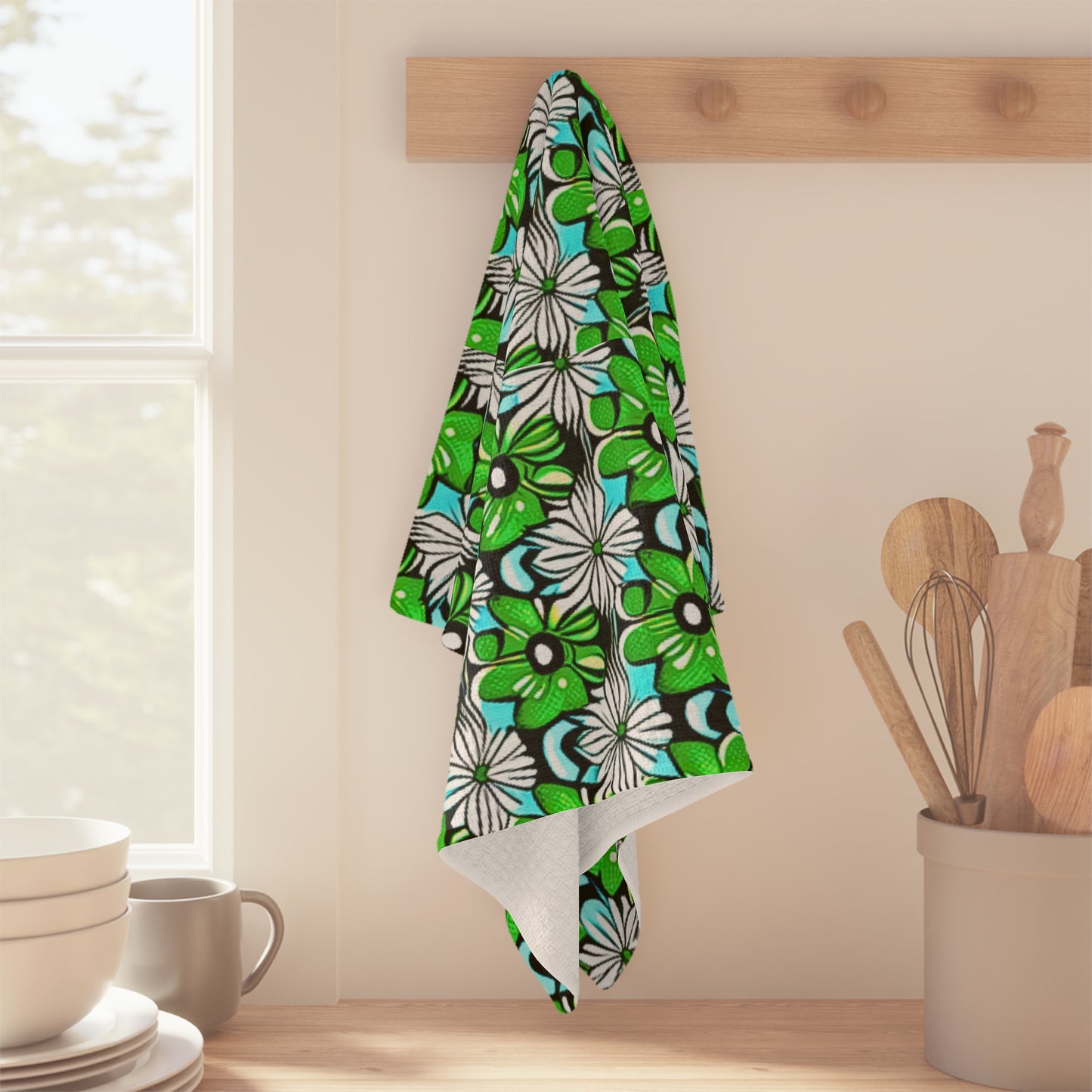 Green Mod Flowers Midcentury Modern Floral Pattern Kitchen Waffle Microfiber Tea Towel/Bar Towel