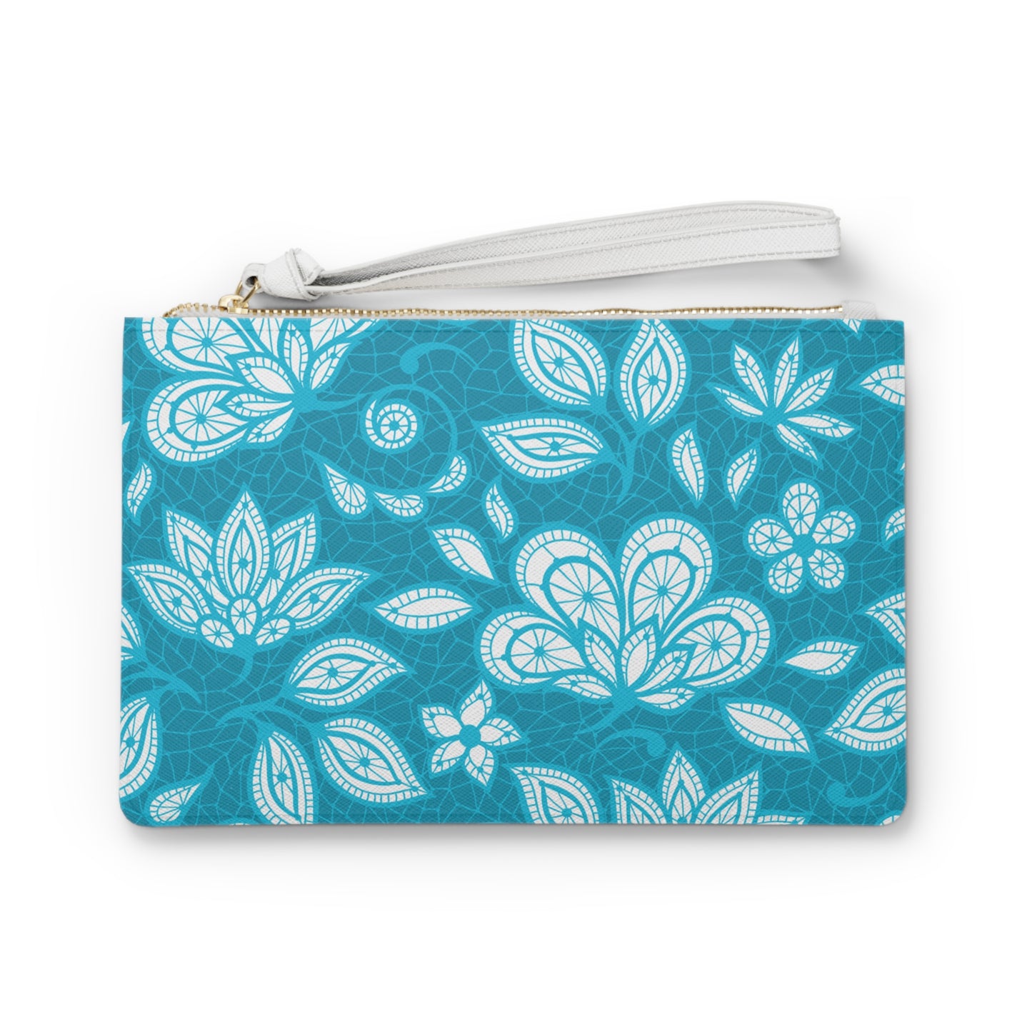 Teal Blue Floral Antique Lace Overlay Vegan Leather Evening Errands Pouch Clutch Bag