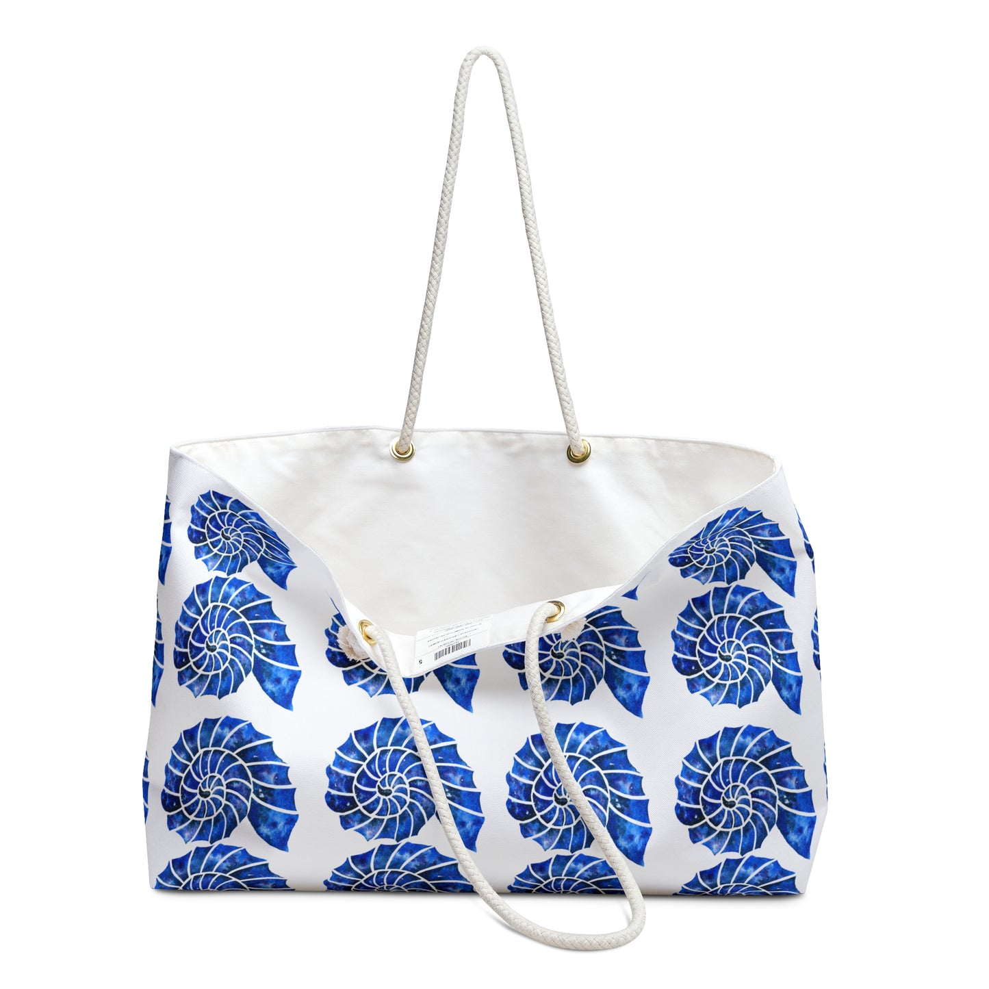 Blue and White Nautilus Shell Ocean Coastal Pattern Decorative Travel Shopper Market Beach Weekender Bag