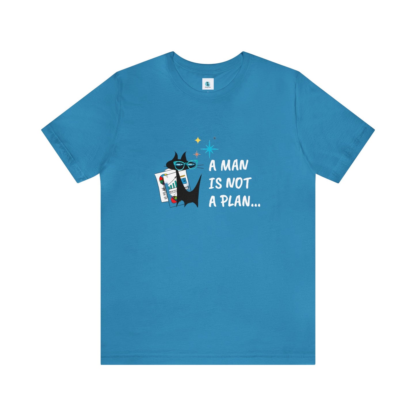 A Man is Not a Plan Midcentury Modern Atomic Black Cat Snarky Humor Unisex Jersey Short Sleeve Tee