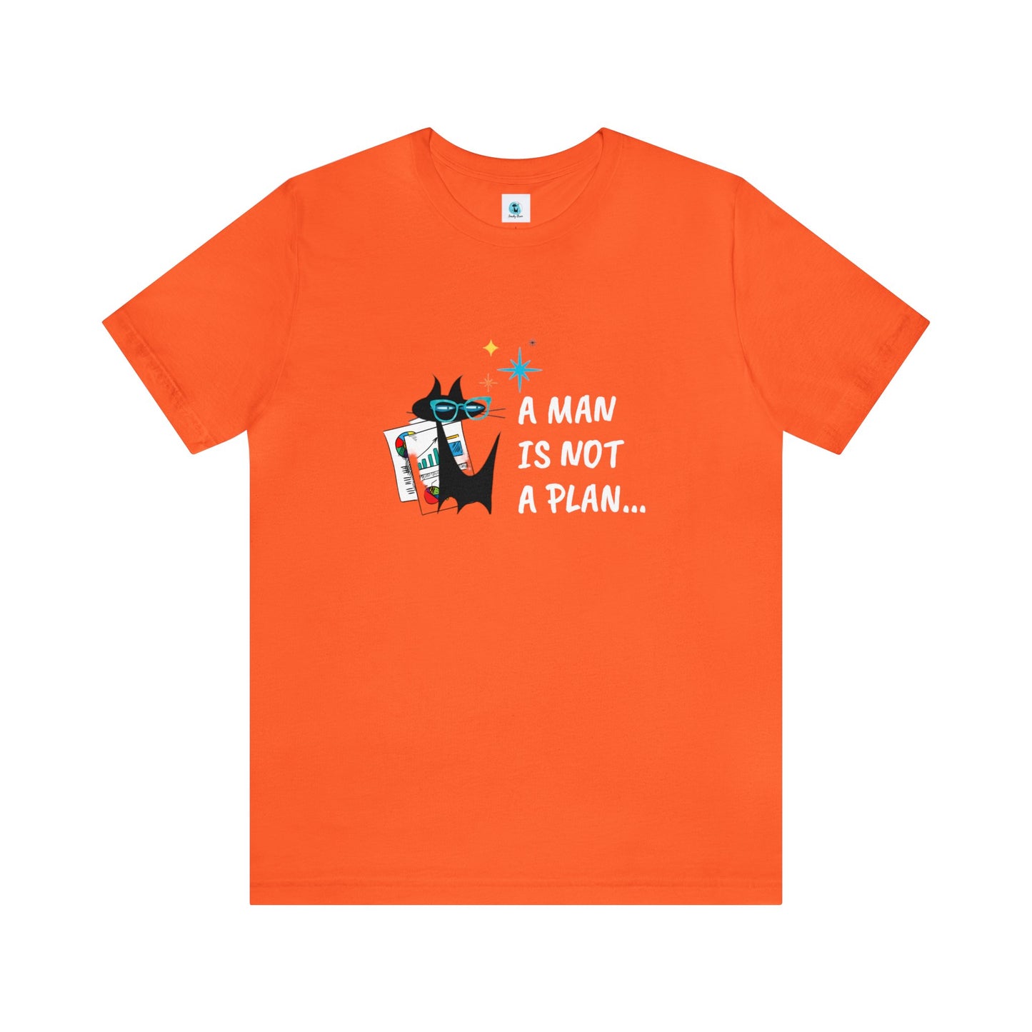 A Man is Not a Plan Midcentury Modern Atomic Black Cat Snarky Humor Unisex Jersey Short Sleeve Tee