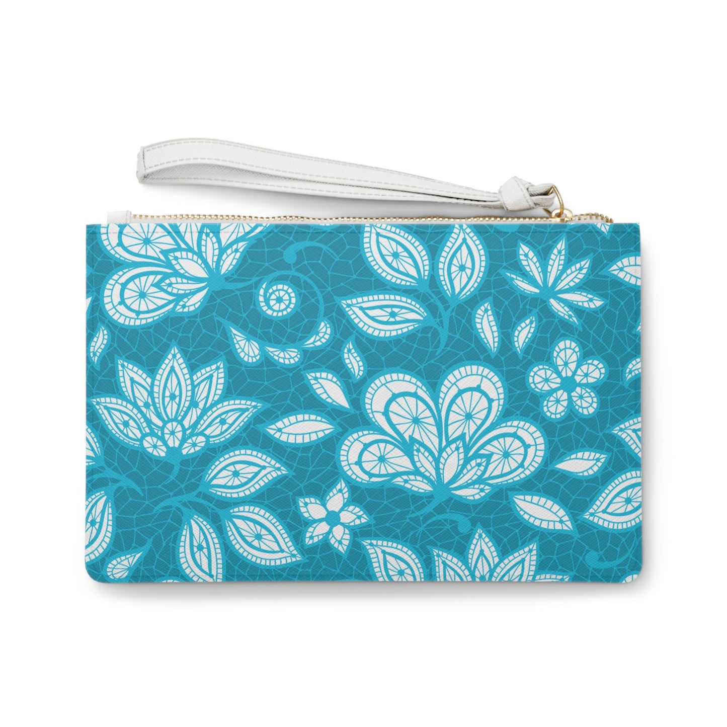 Teal Blue Floral Antique Lace Overlay Vegan Leather Evening Errands Pouch Clutch Bag