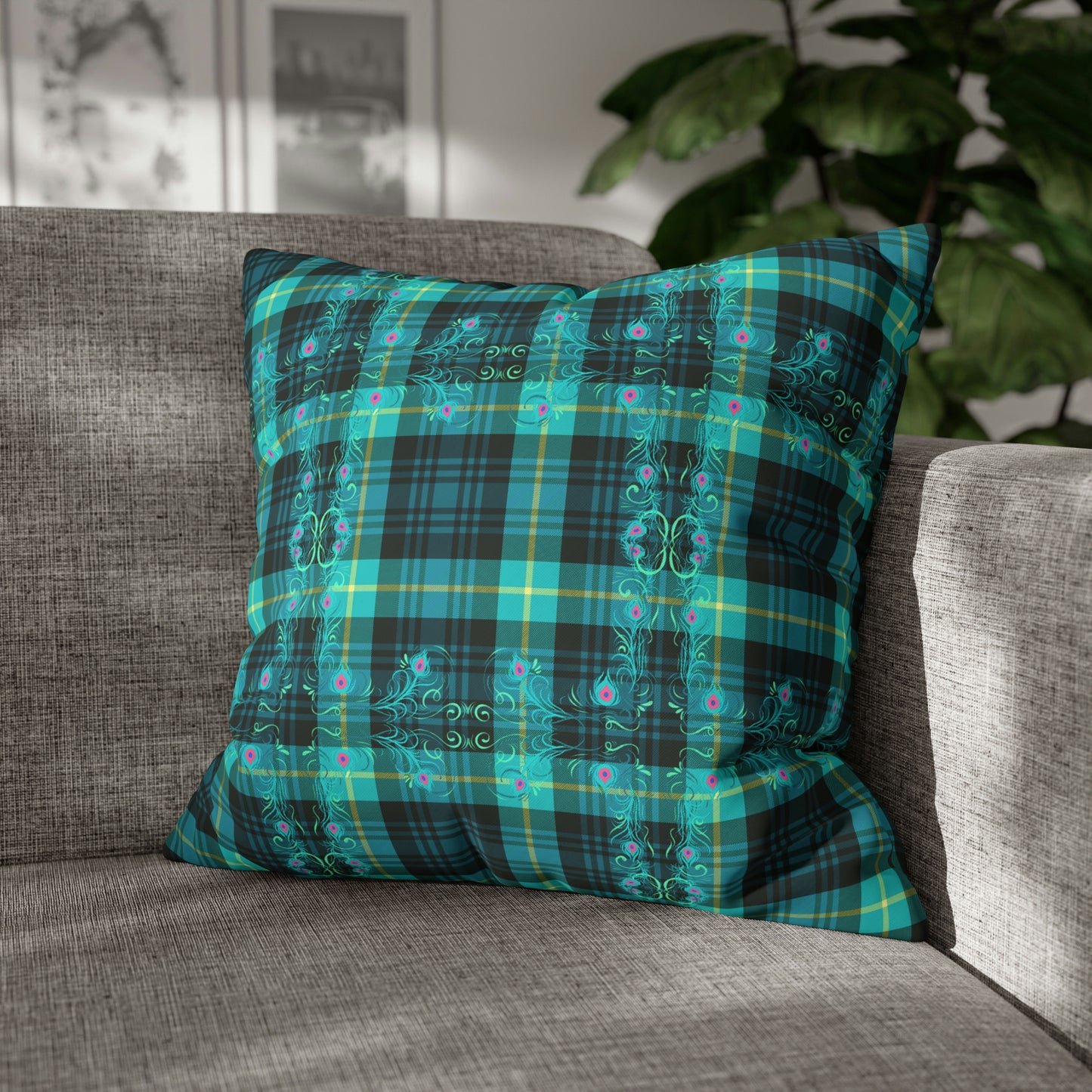 Tartan Plaid Peacock Feather Teal Greens Decorative Spun Polyester Pillow Cover