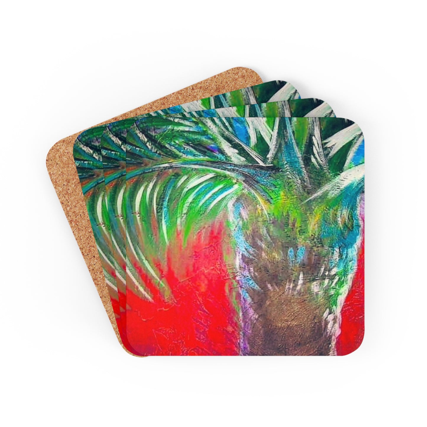 Island Coastal Tropical Palm Painterly Cocktail Beverage Entertaining Corkwood Coaster Set
