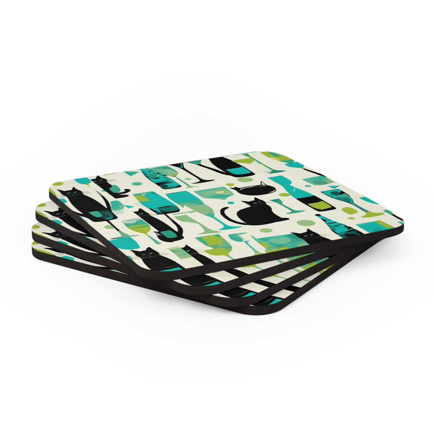 Cocktail Time Darling Midcentury Modern Atomic Black Cat Cocktail Party Beverage Entertaining Decorative Corkwood Coaster Set