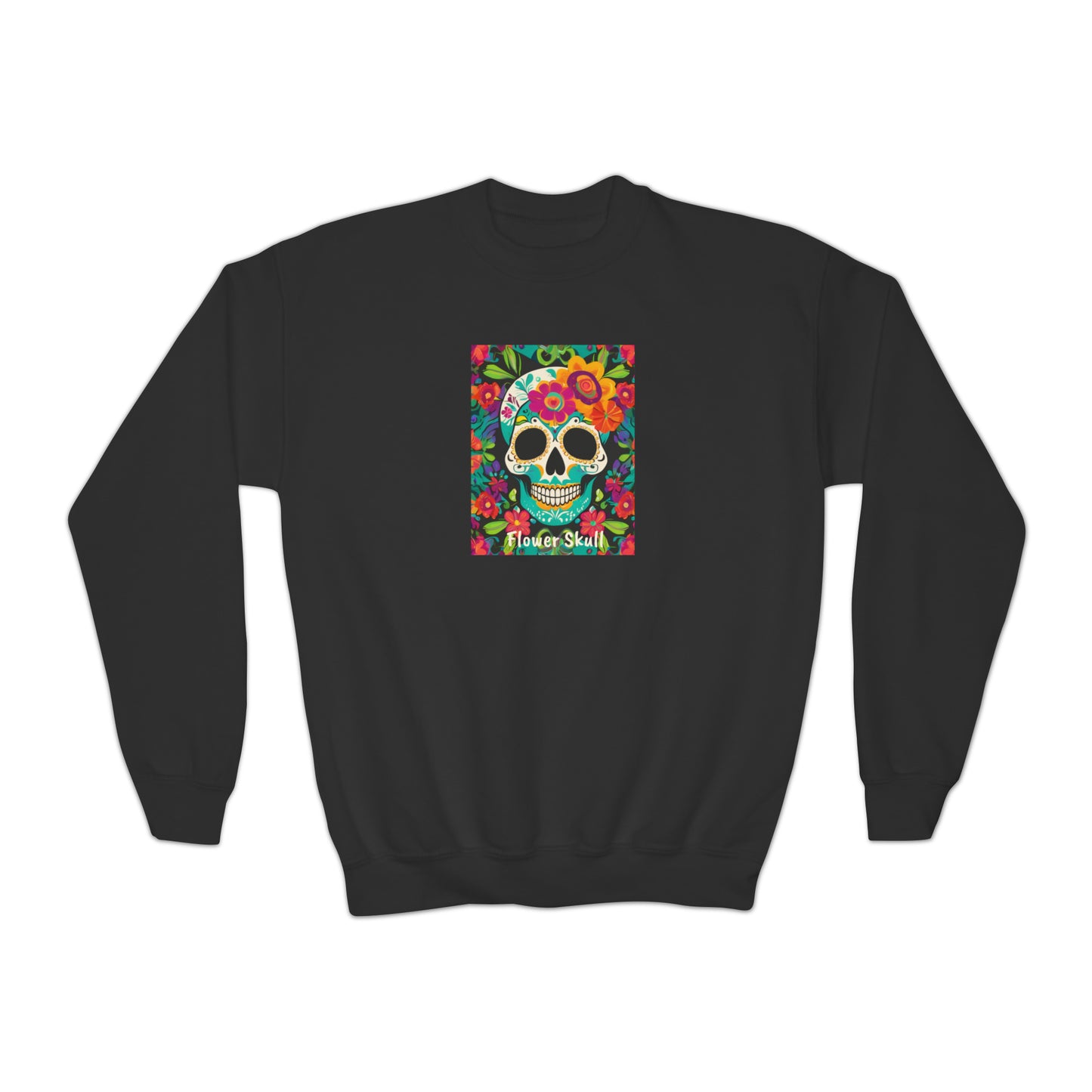 Day of the Dead Flower Skull Christmas Festive Dia de los Muertos Youth Crewneck Sweatshirt