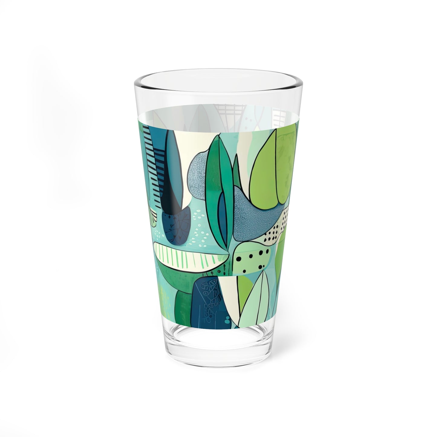 Cubist Garden Midcentury Modern Blue Green Cocktail Party Beverage Juice Tea Entertaining Mixing Glass, 16oz