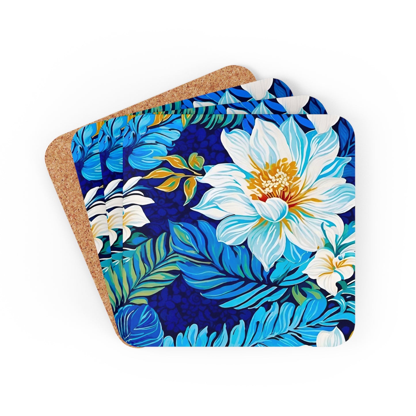 Hawaiian White Orchid Tropical Paradise Luau Cocktail Party Beverage Entertaining Corkwood Coaster Set