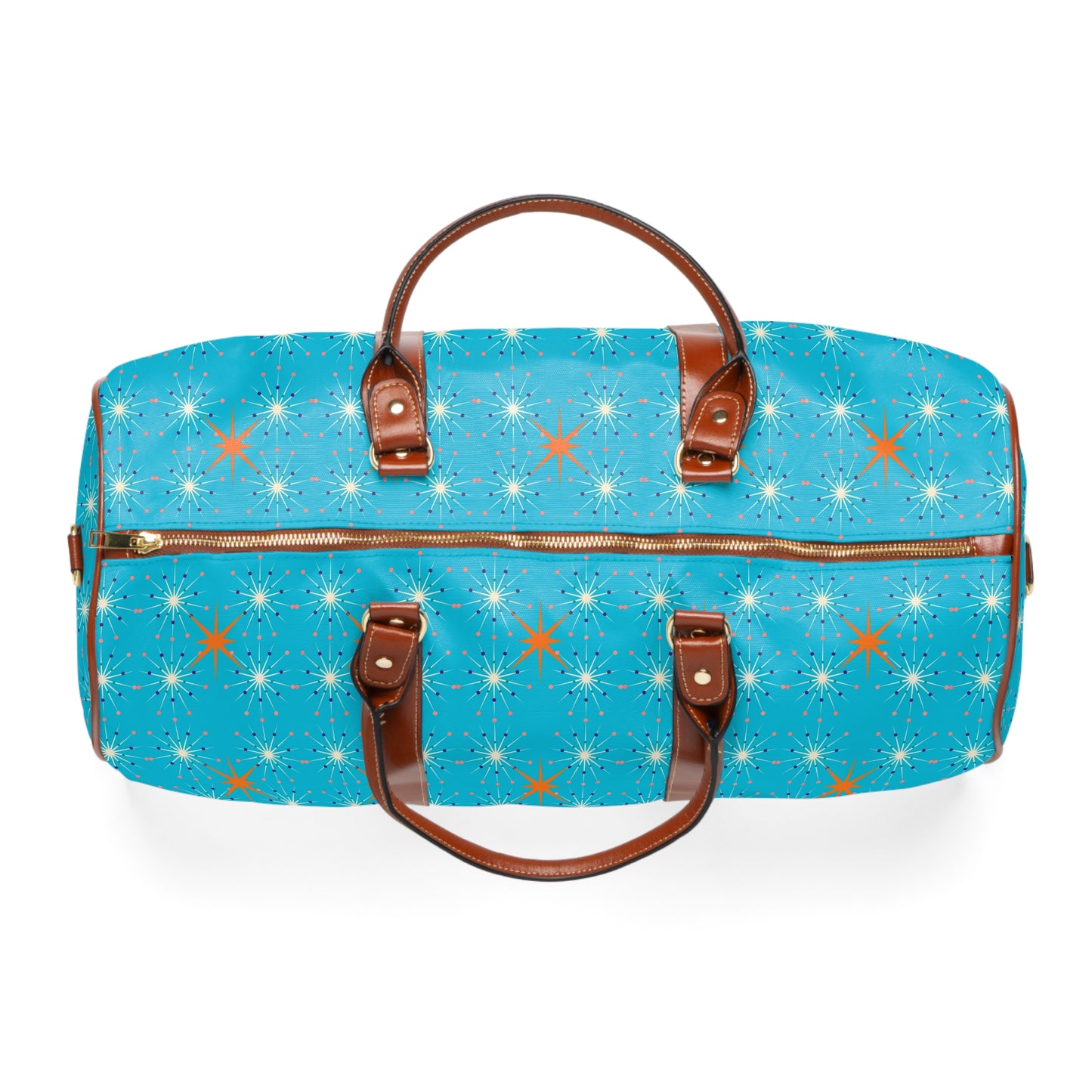 Midcentury Modern Atomic Stars Turquoise Pattern Waterproof Travel Bag