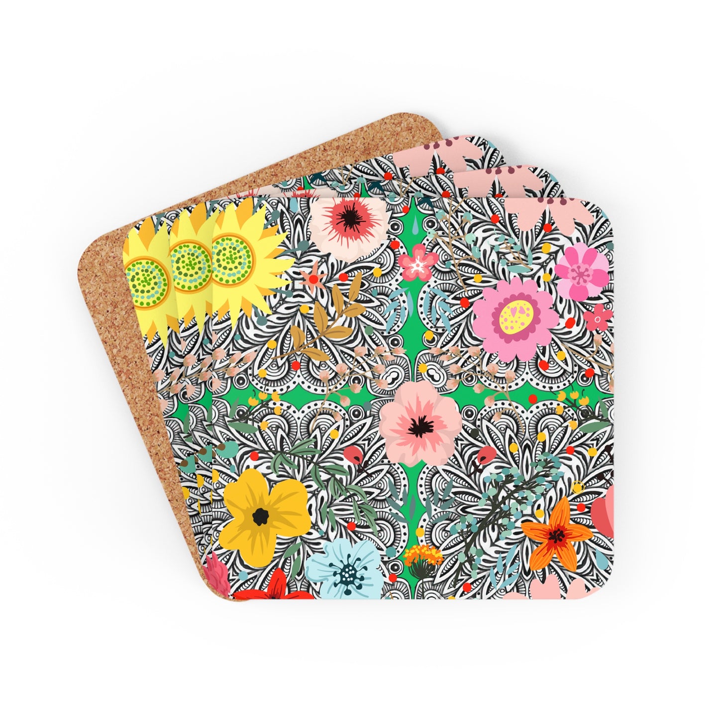 Prairie Cactus Flower Multi Southwestern Desert Flowers Hot Cold Beverage Party Entertaining Corkwood Coaster Set