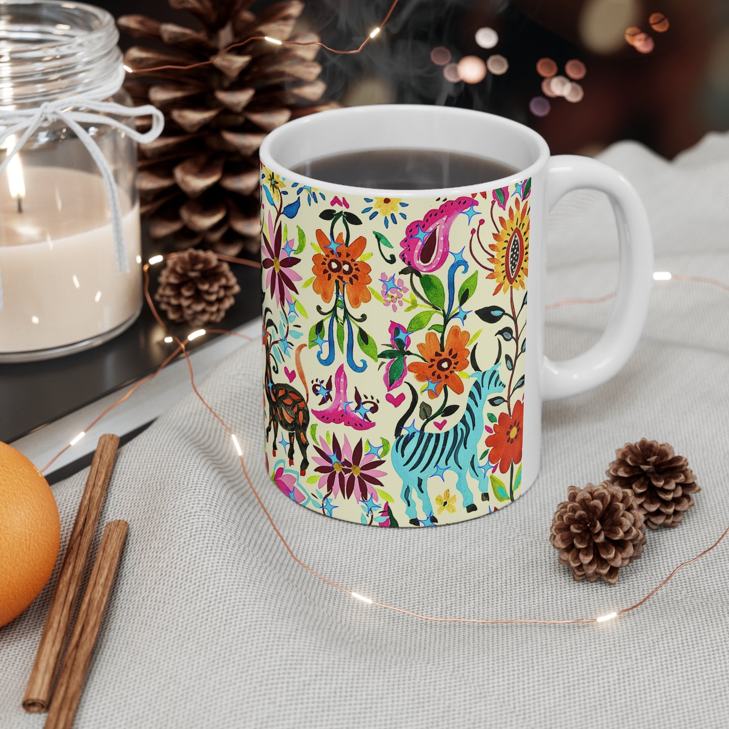 Festival of Springtime Folklore Floral Otomi Decorative Hot Beverage Coffee Tea Chia Ceramic Mug 11oz
