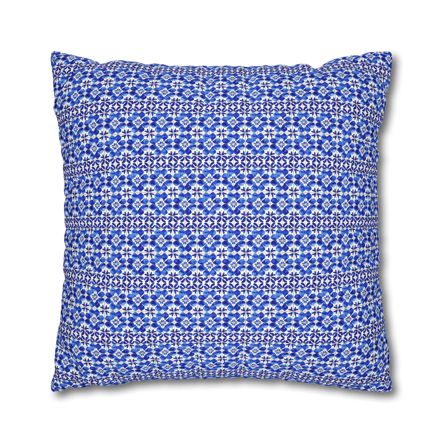 Italian Cucina Blue and White Watercolor Tile Pattern Decorative Spun Polyester Pillow Cover