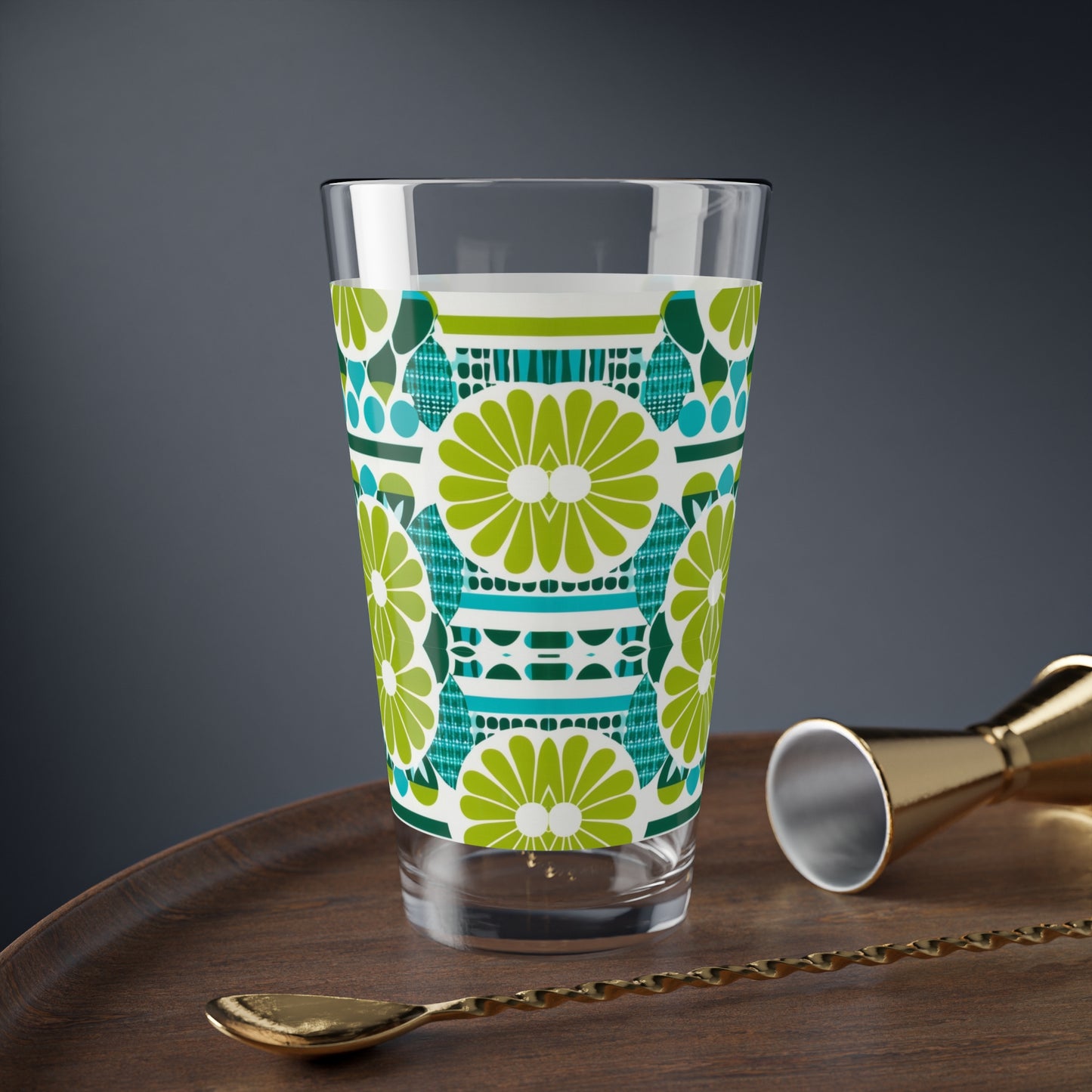 Coffee Klatch Midcentury Modern Aqua Citrus Pattern Juice Cocktail Beverage Entertaining Mixing Glass, 16oz