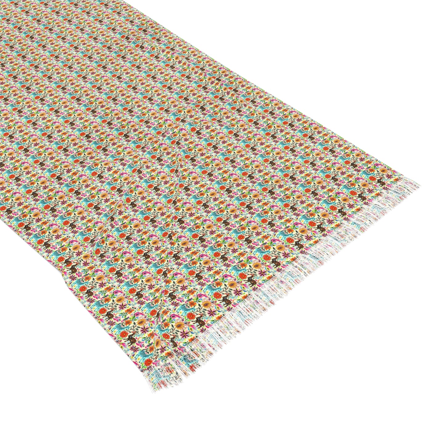 Otomi Festival of Springtime Folklore Floral Decorative Fashion Light Scarf with Fringe