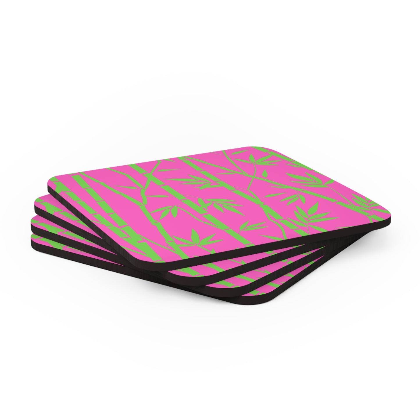 Bamboo Zen Meditation Garden Hot Pink Cocktail Beverage Party Entertaining Corkwood Coaster Set
