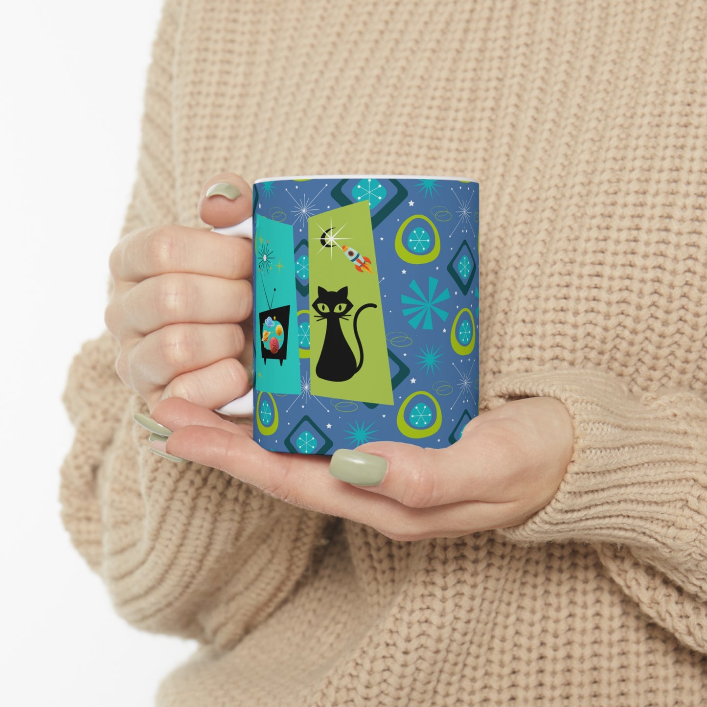 Nightly News Midcentury Modern Atomic Black Cat Planets Spaceship Christmas Holiday Ceramic Mug 11oz