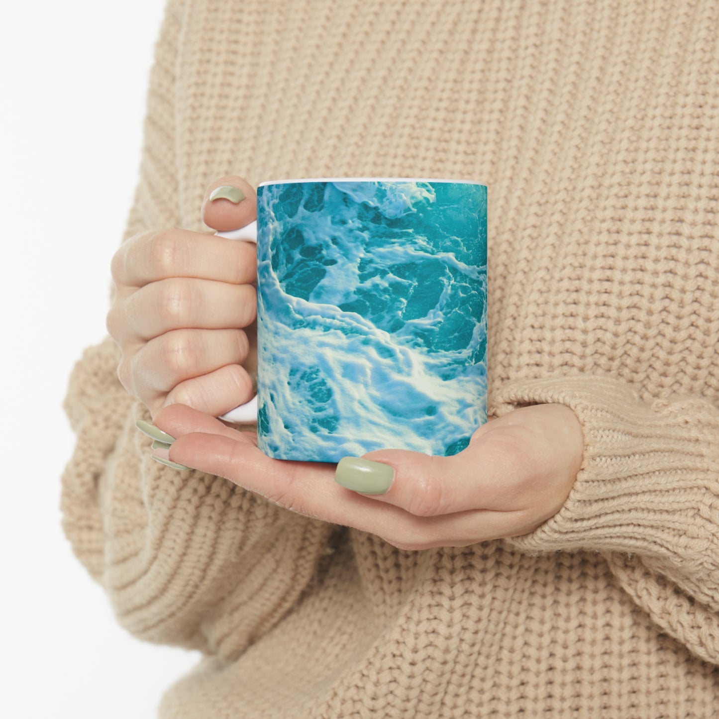 Ocean Blue Waves Coastal Hot Beverage Coffee Tea Decorative Ceramic Mug 11oz