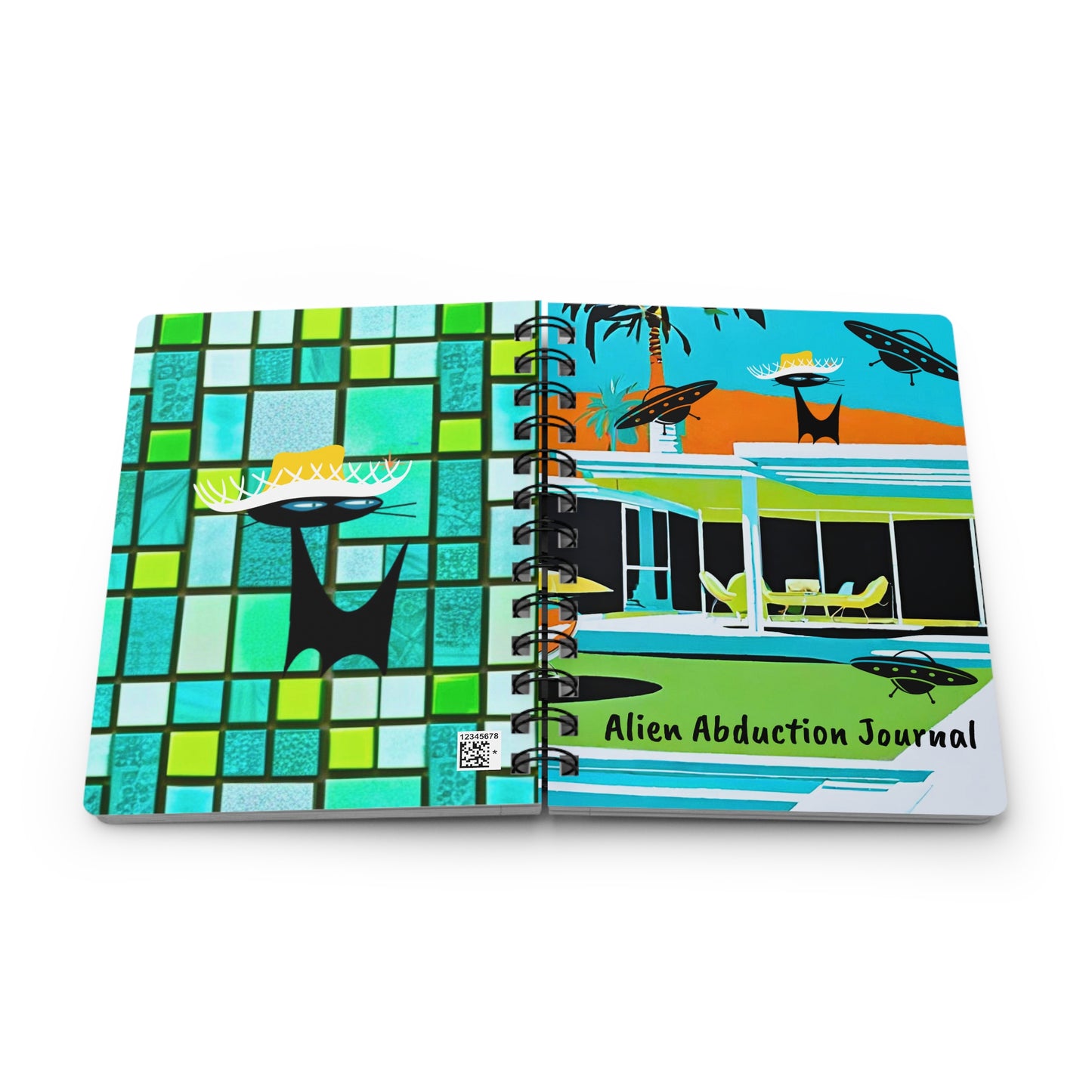 Alien Abduction Palm Springs Midcentury Modern Atomic Cat Spaceships Travel Sketch Writing Spiral Bound Journal