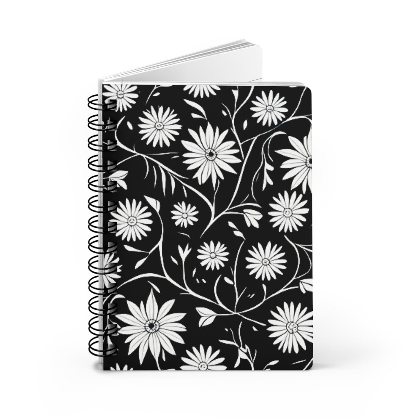 Field of Scandinavian Black and White Daisies 1970s Floral Pattern Writing Sketch Inspiration Spiral Bound Journal