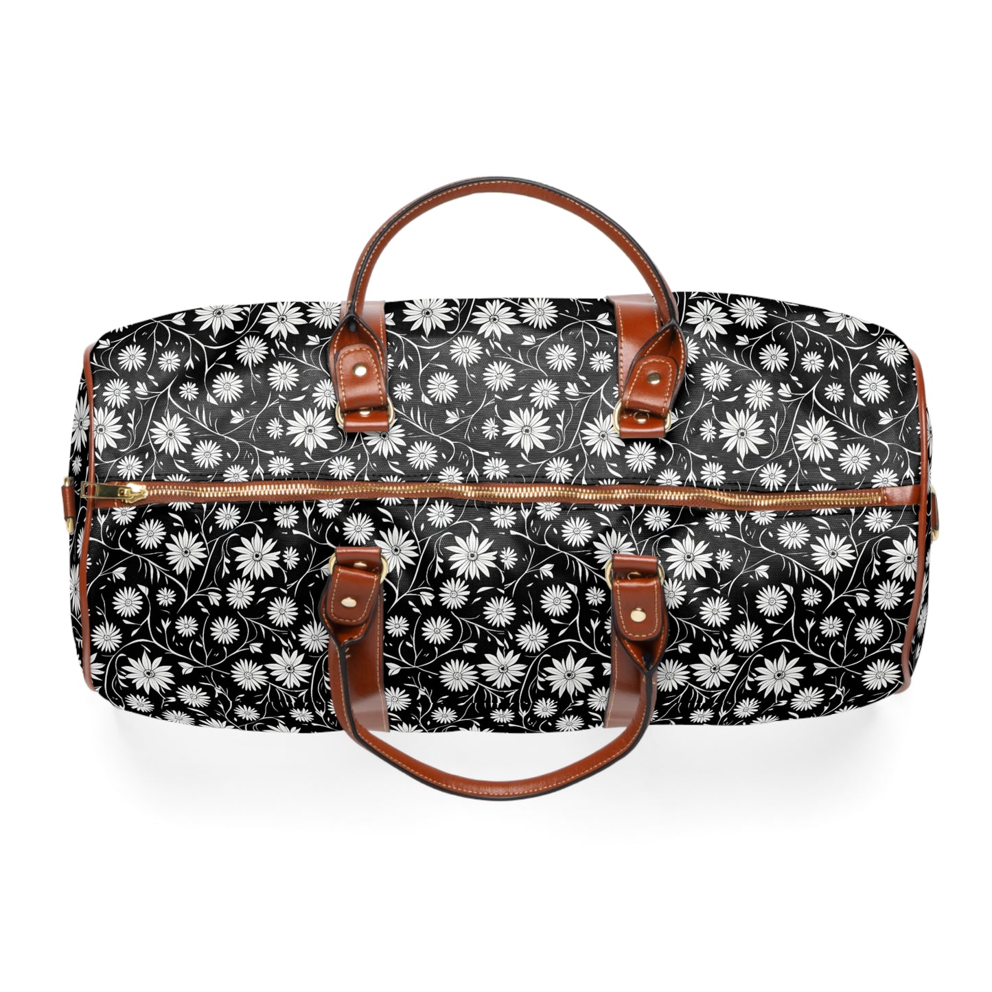 Field of Scandinavian Black and White Daisies 1970s Floral Pattern Waterproof Travel Bag
