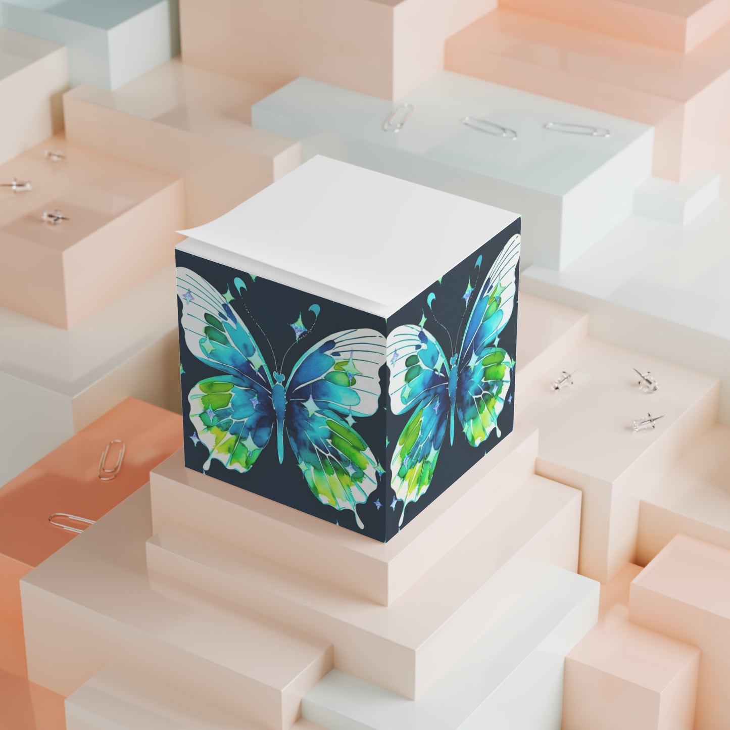 Twilight Awakening Blue Butterfly Watercolor Note Cube