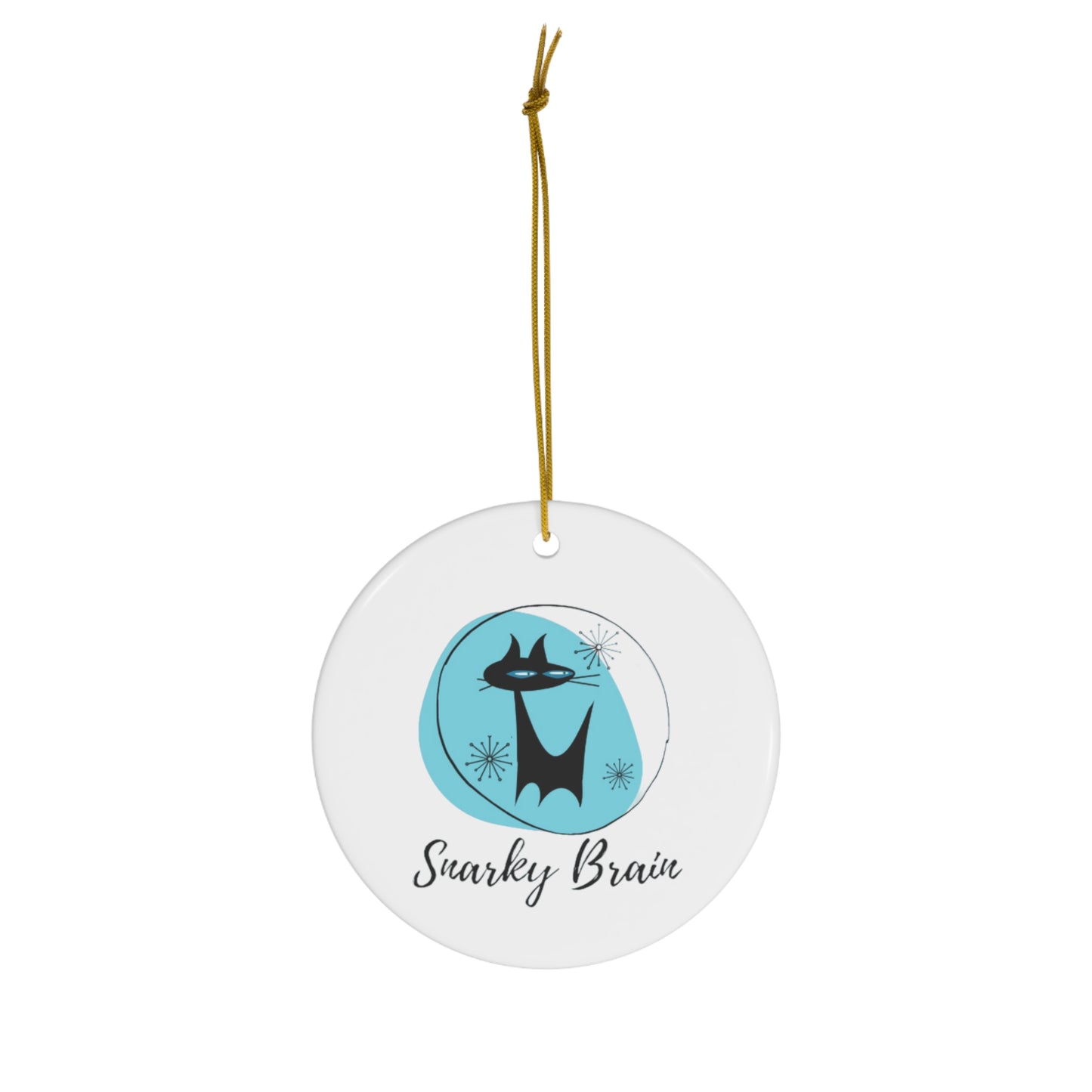 Snarky Brain Logo Midcentury Modern Black Atomic Cat Turquoise Decorative Ceramic Ornament