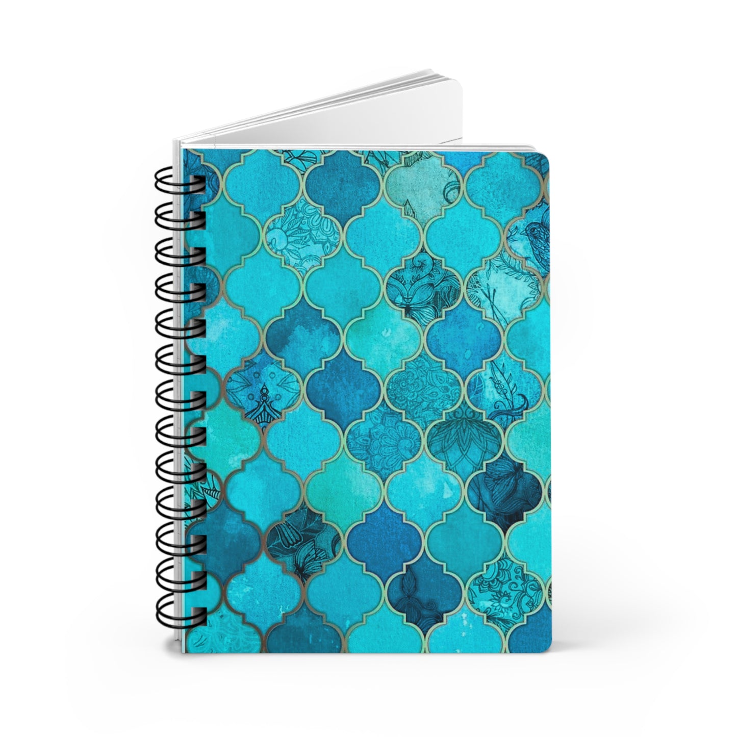 Teal and Turquoise Arabesque Tile Marrakech Moroccan Writing Travel Sketch Spiral Bound Journal