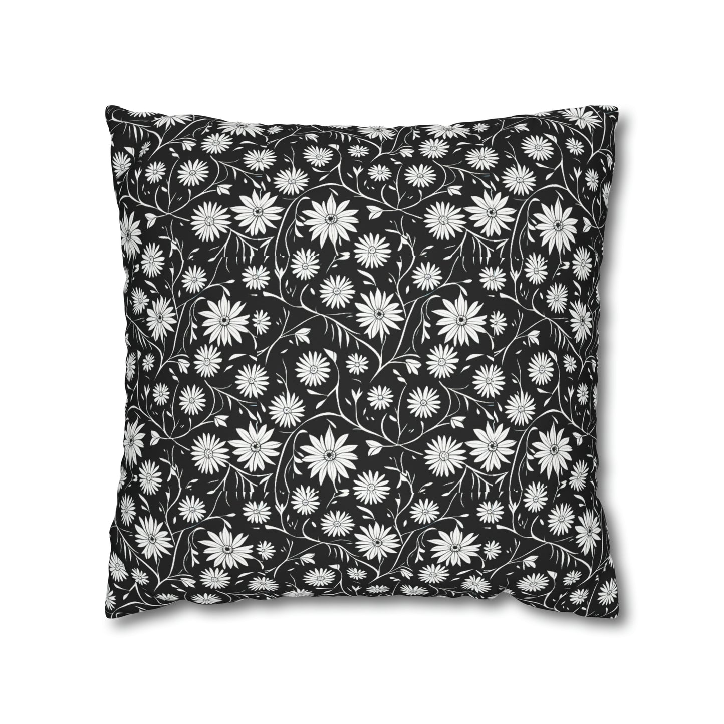 Field of Scandinavian Black and White Daisies 1970s Floral Pattern Decorative Spun Polyester Pillow Cover