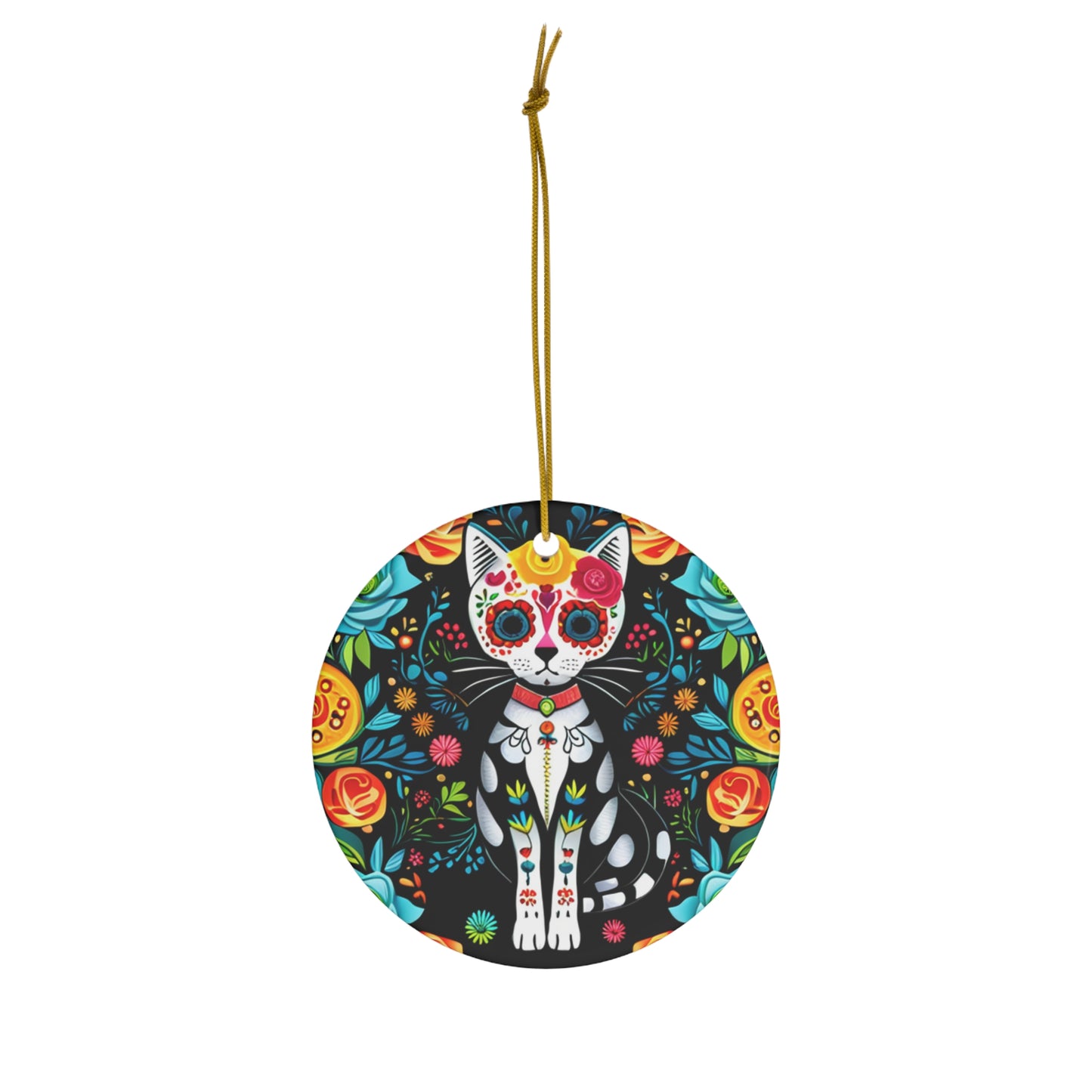 Day of the Dead Flower Power Kitty Cat Festive Dia de los Muertos Ceramic Ornament