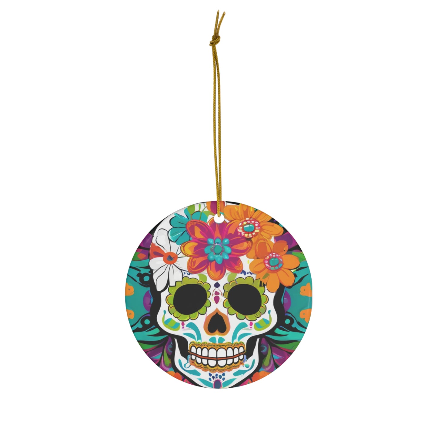 Day of the Dead Flower Power Skull Ceramic Ornament
