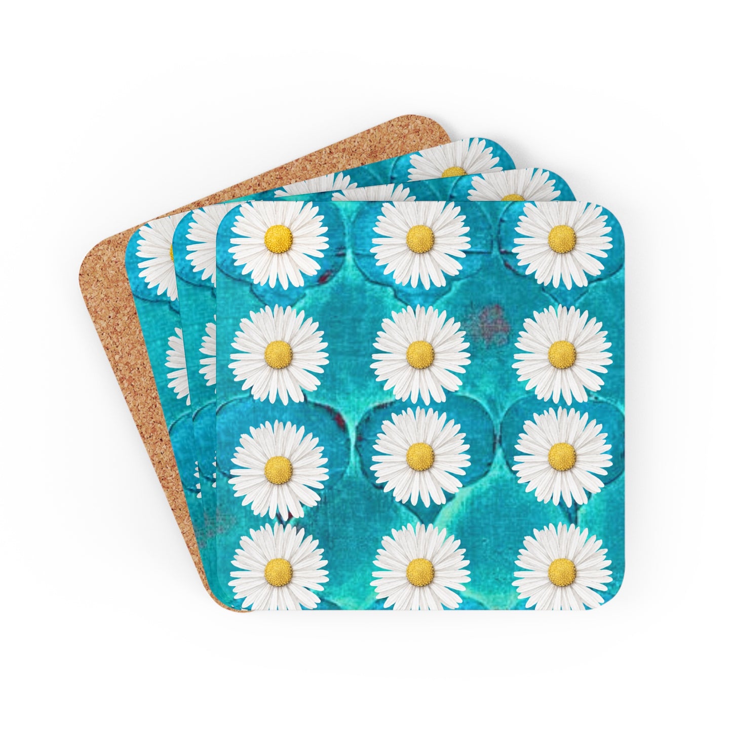 SageDaisy Living Logo Turquoise Arabesque Tile Pattern Cocktail Party Beverage Entertaining Corkwood Coaster Set