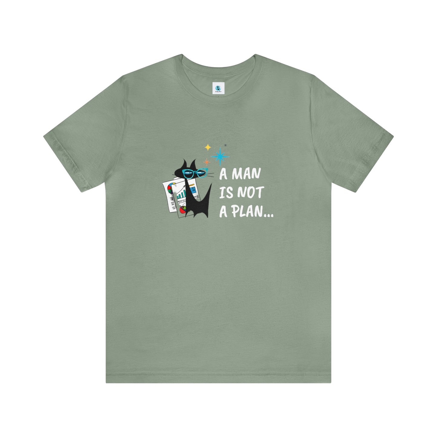 A Man is Not a Plan Midcentury Modern Atomic Black Cat Snarky Humor Unisex Jersey Short Sleeve Tee