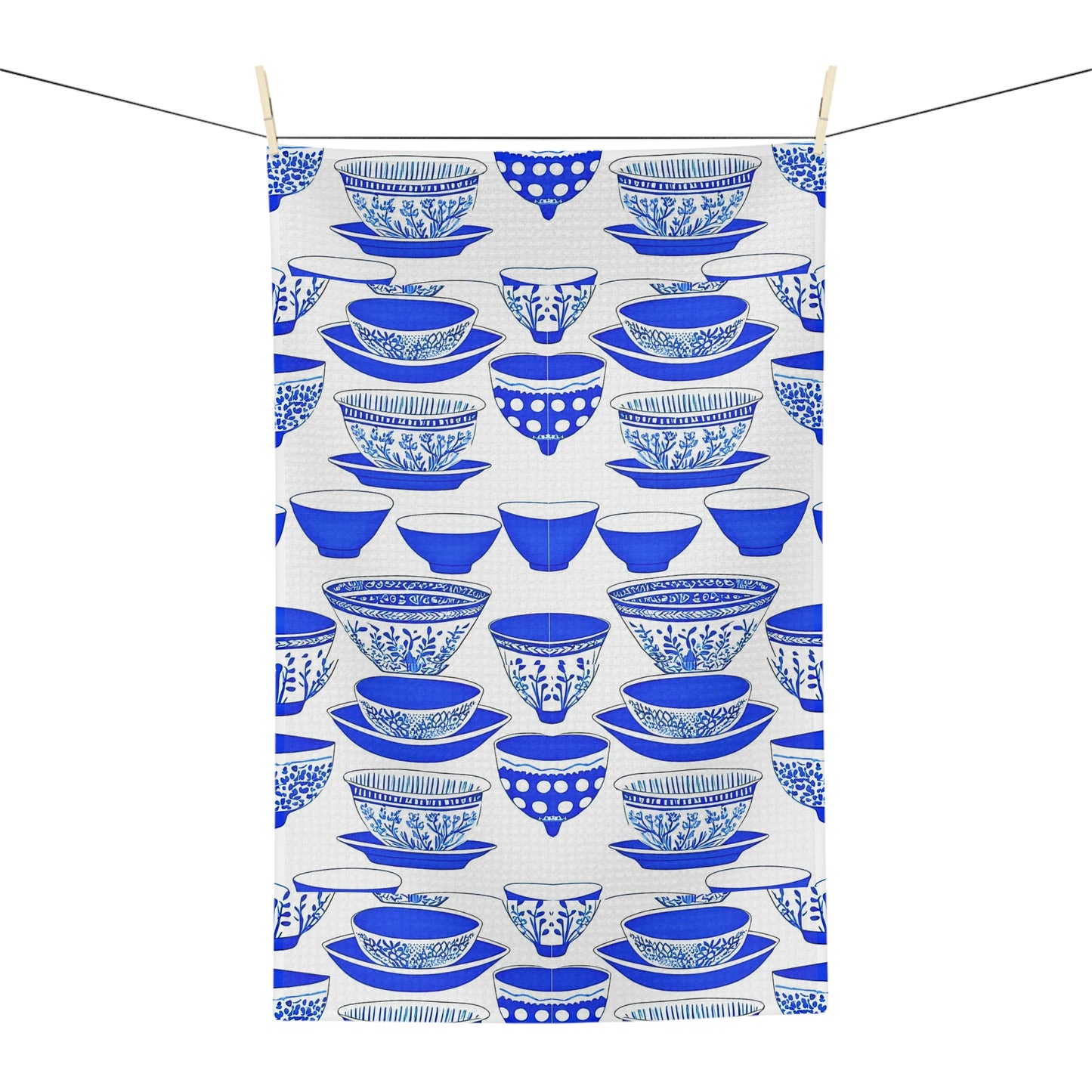 Blue and White Chinese Rice Bowls Decorative Asian Waffle Kitchen Microfiber Waffle Tea Towel/Bar Towel