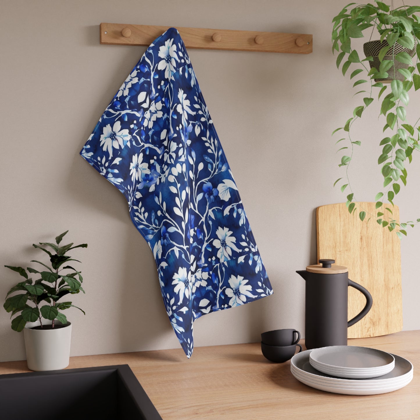 Morning Glory Blue and White Batik Watercolor Floral Vines Kitchen Tea Towel/Bar Towel