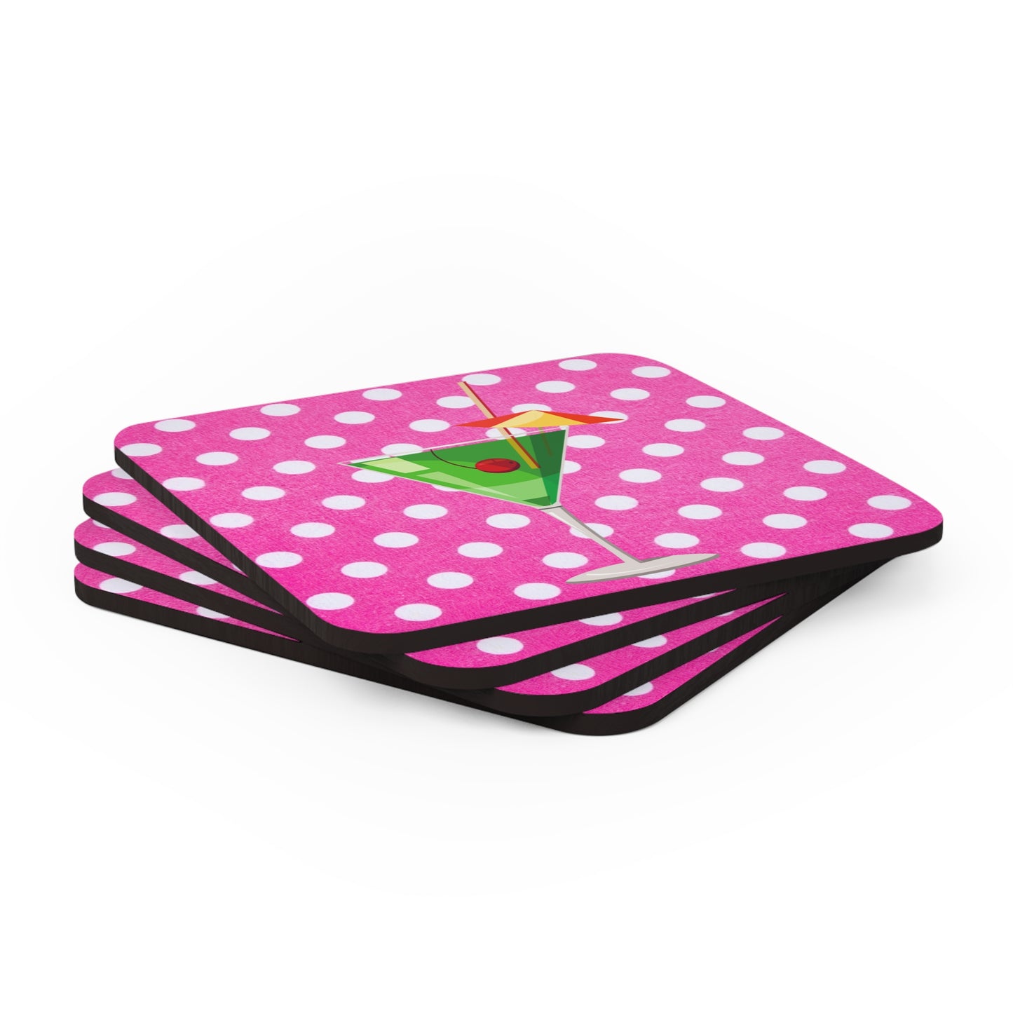 Triple Pink Polka Dot Martini Cocktail Party Entertaining Corkwood Coaster Set