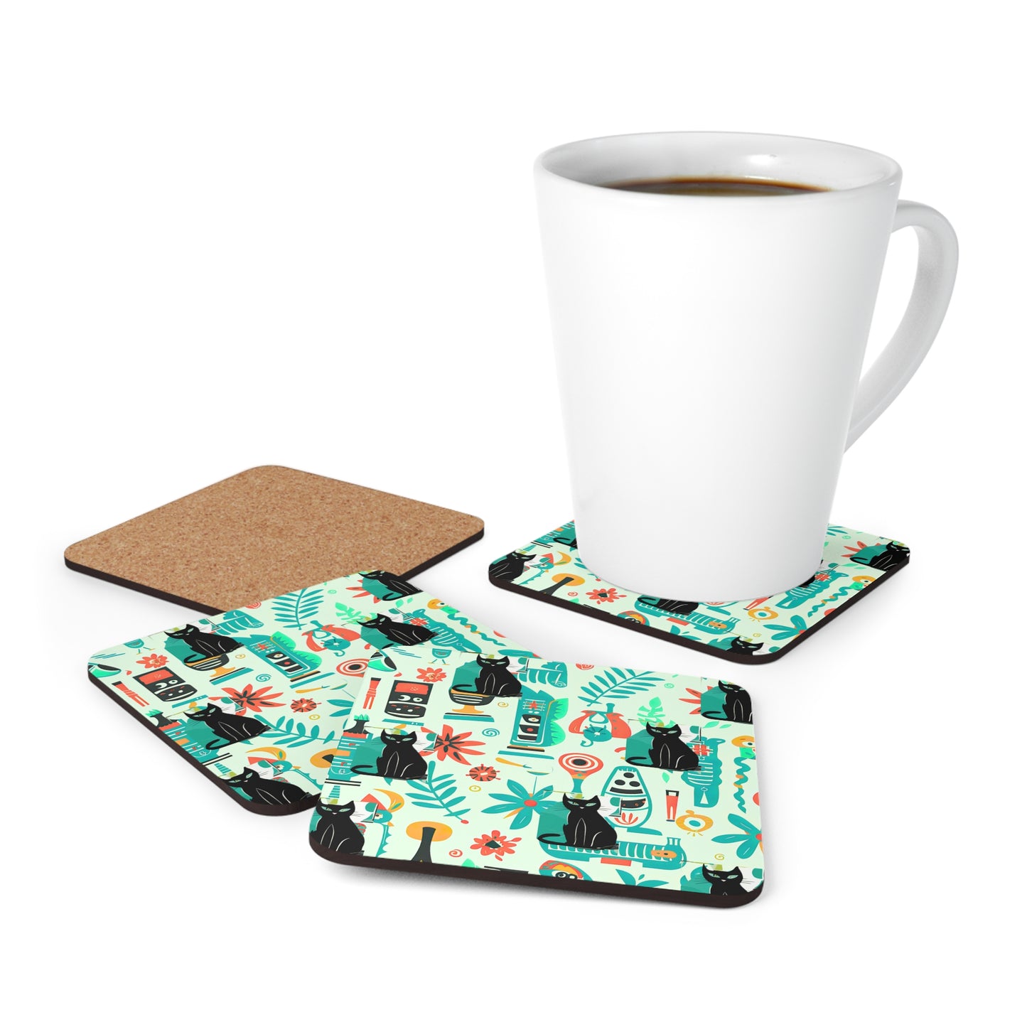 Kitty Flora and Fauna Midcentury Modern Kitchen Wallpaper Pattern Aqua Black 1950s House Cat Cocktail Party Corkwood Coaster Set