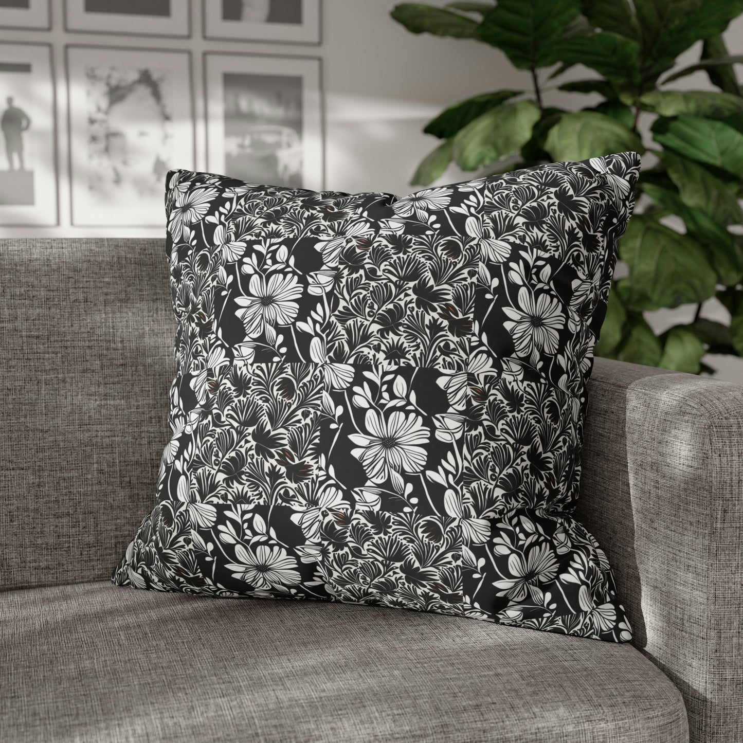 Black and White Floral Collage Pattern Decorative Spun Polyester Pillow Cover