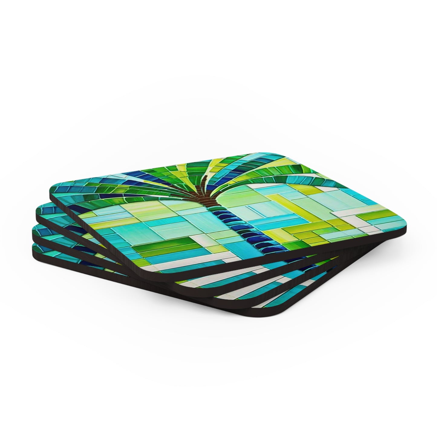 Turks and Caicos Island Palm Tree Mosaic Cocktail Beverage Entertaining Outdoor Patio Corkwood Coaster Set