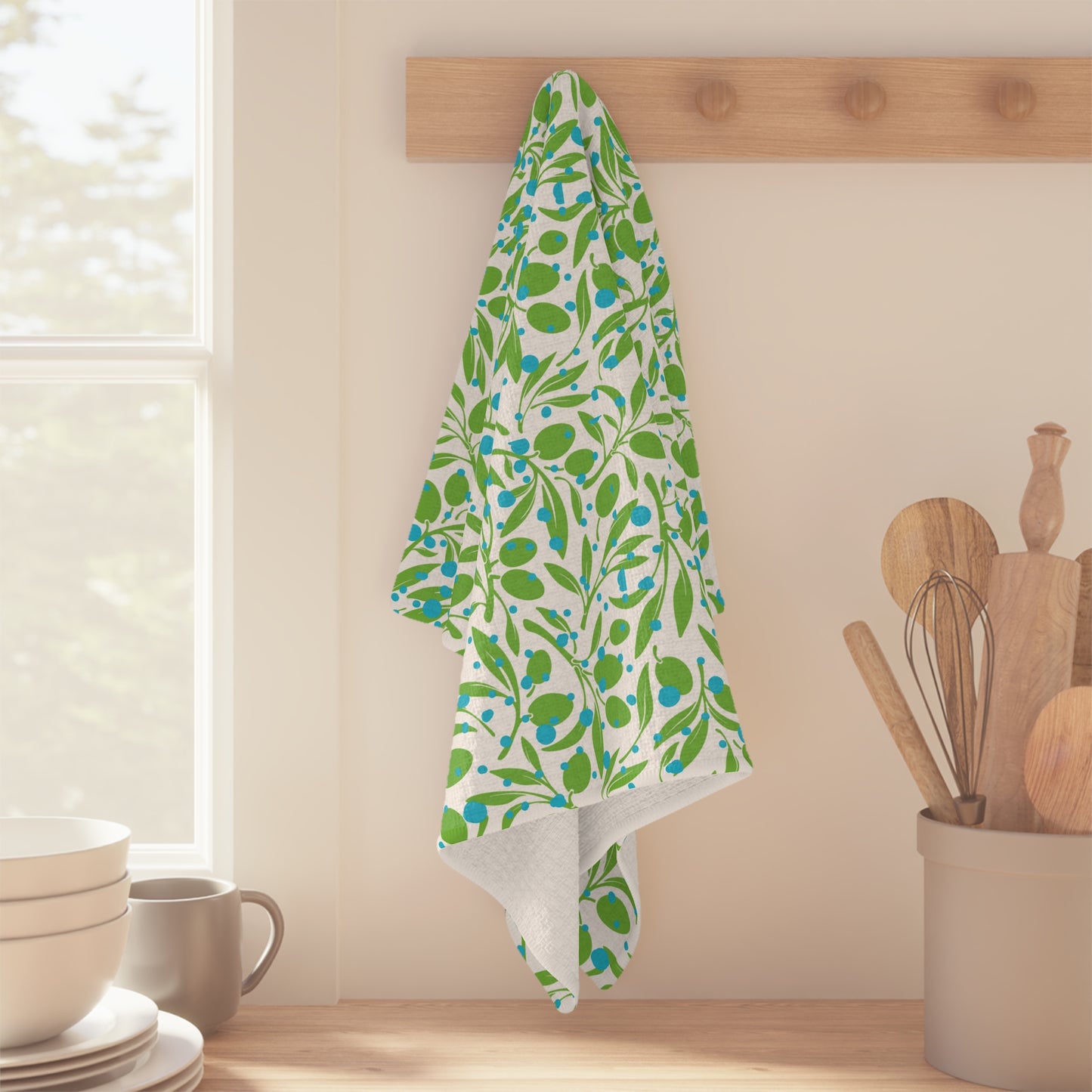 Olive Branches Midcentury Modern Green Blue Decorative Pattern Kitchen Microfiber Waffle Tea Towel/Bar Towel