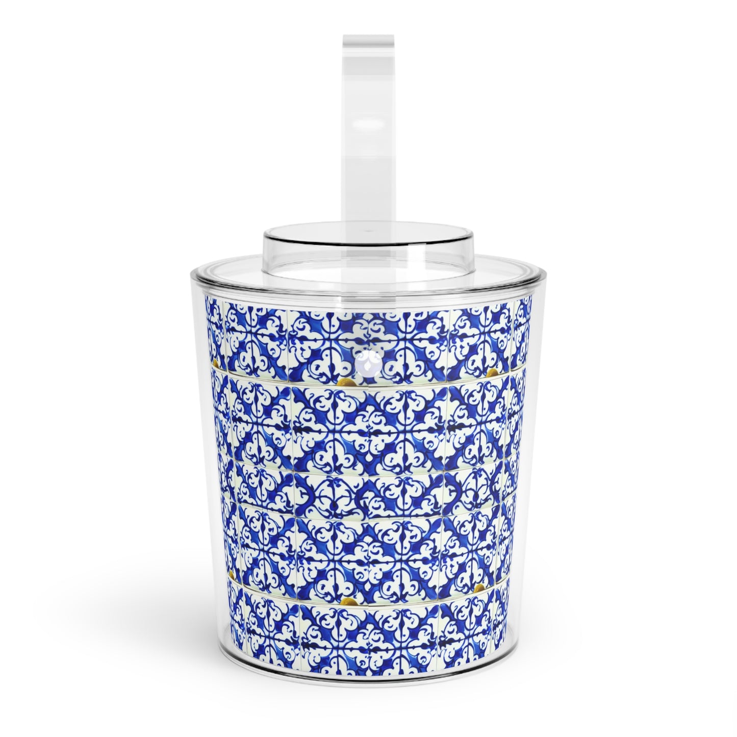 Blue and White Iron Gate Pattern Vintage Portugal Patio Entertaining Outdoor Ice Bucket with Tongs