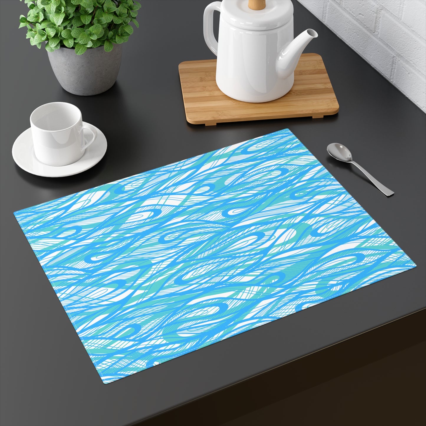 Wave Vibrations Turquoise Aqua Modern Coastal Pattern Tablescape Decorative Placemat, 1pc