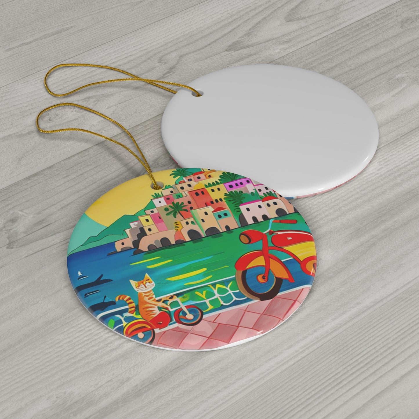 Gatto Kitty Amalfi Coast Scooter Ride Italy Orange Tabby Cat Person Travel Ceramic Ornament
