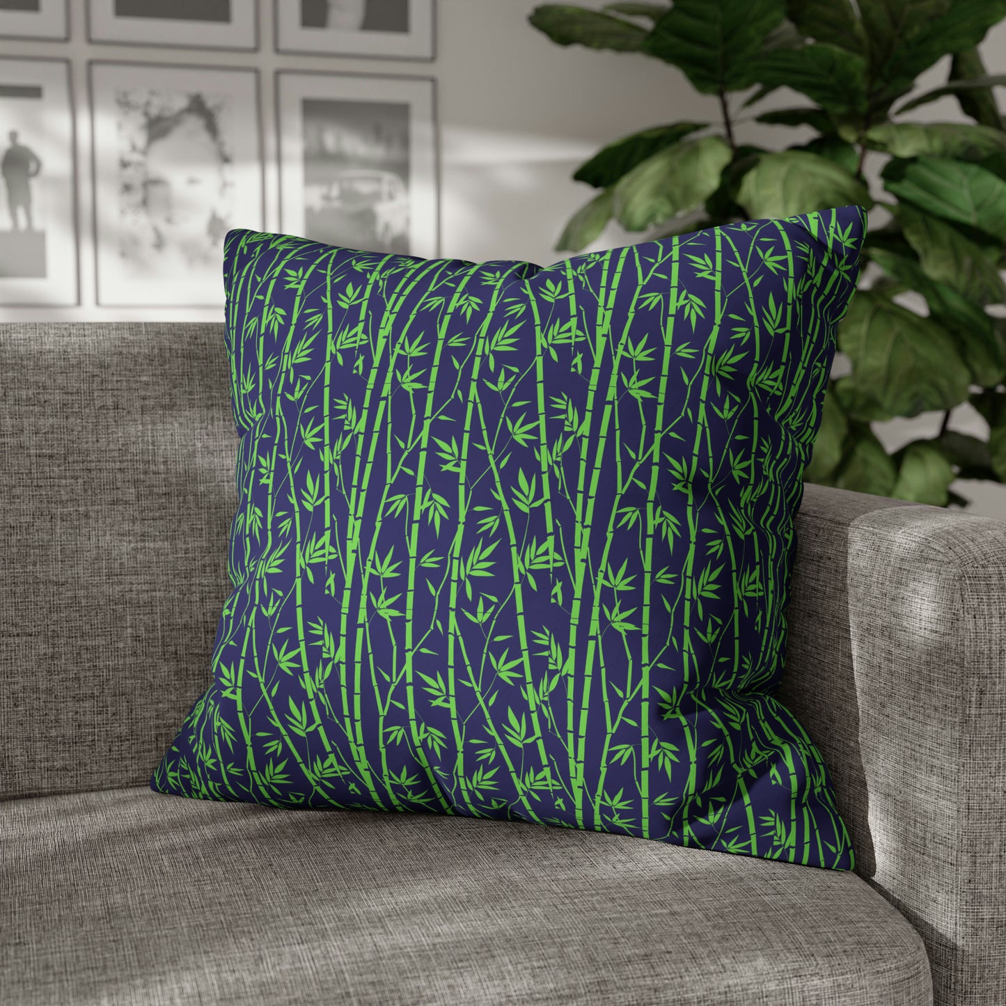 Bamboo Zen Meditation Garden Midnight Blue/Black Decorative Spun Polyester Pillow Cover
