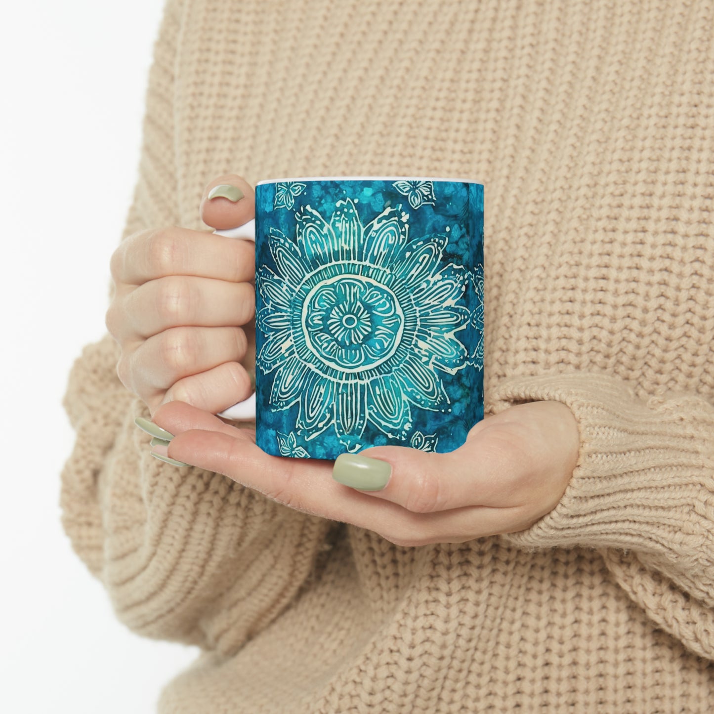 Teal Abundance Flower Batik Sumatra Coffee Tea Hot Beverage Ceramic Mug (11oz)