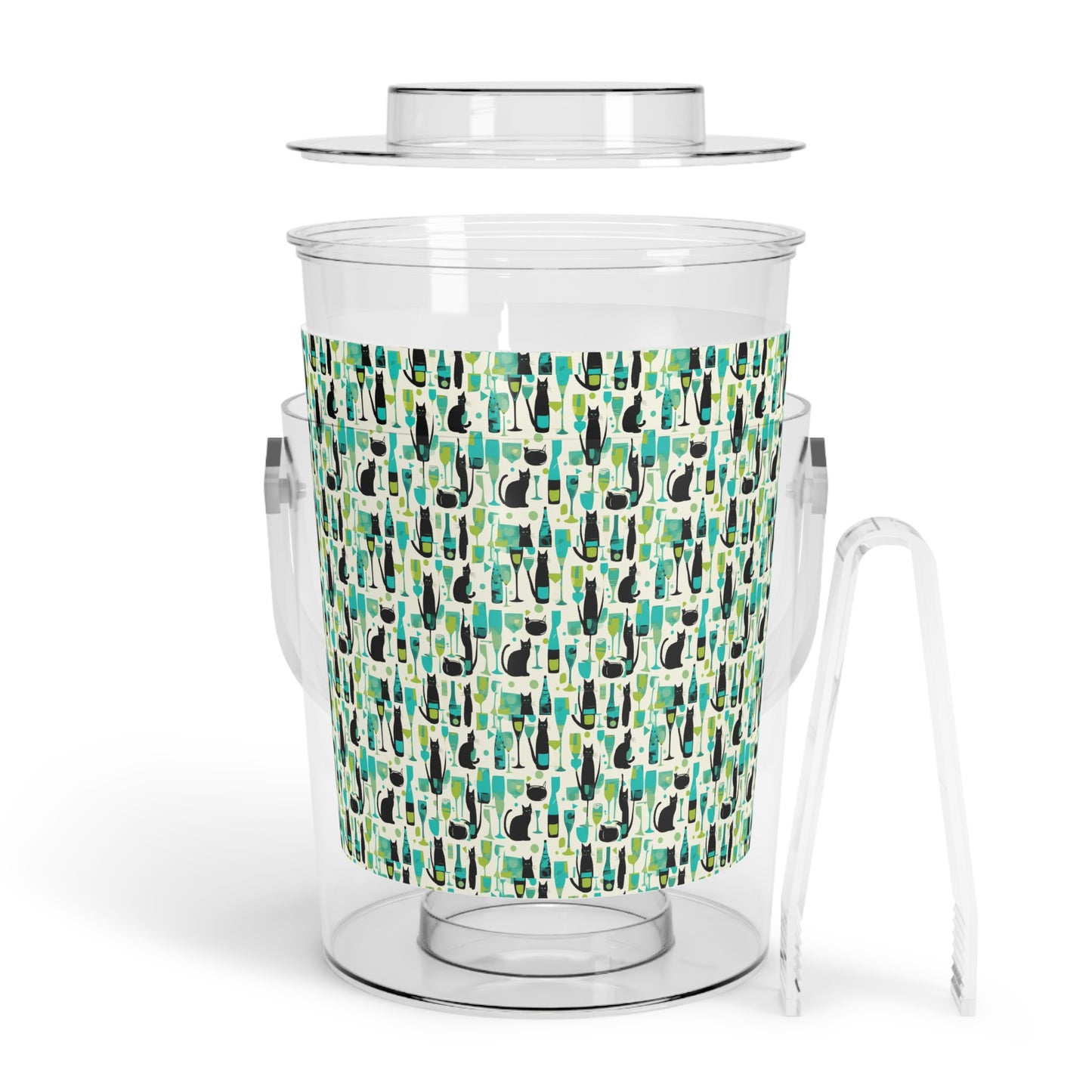 It's Cocktail Time Darling Midcentury Modern Atomic Black Cat Pattern Ice Bucket with Tongs