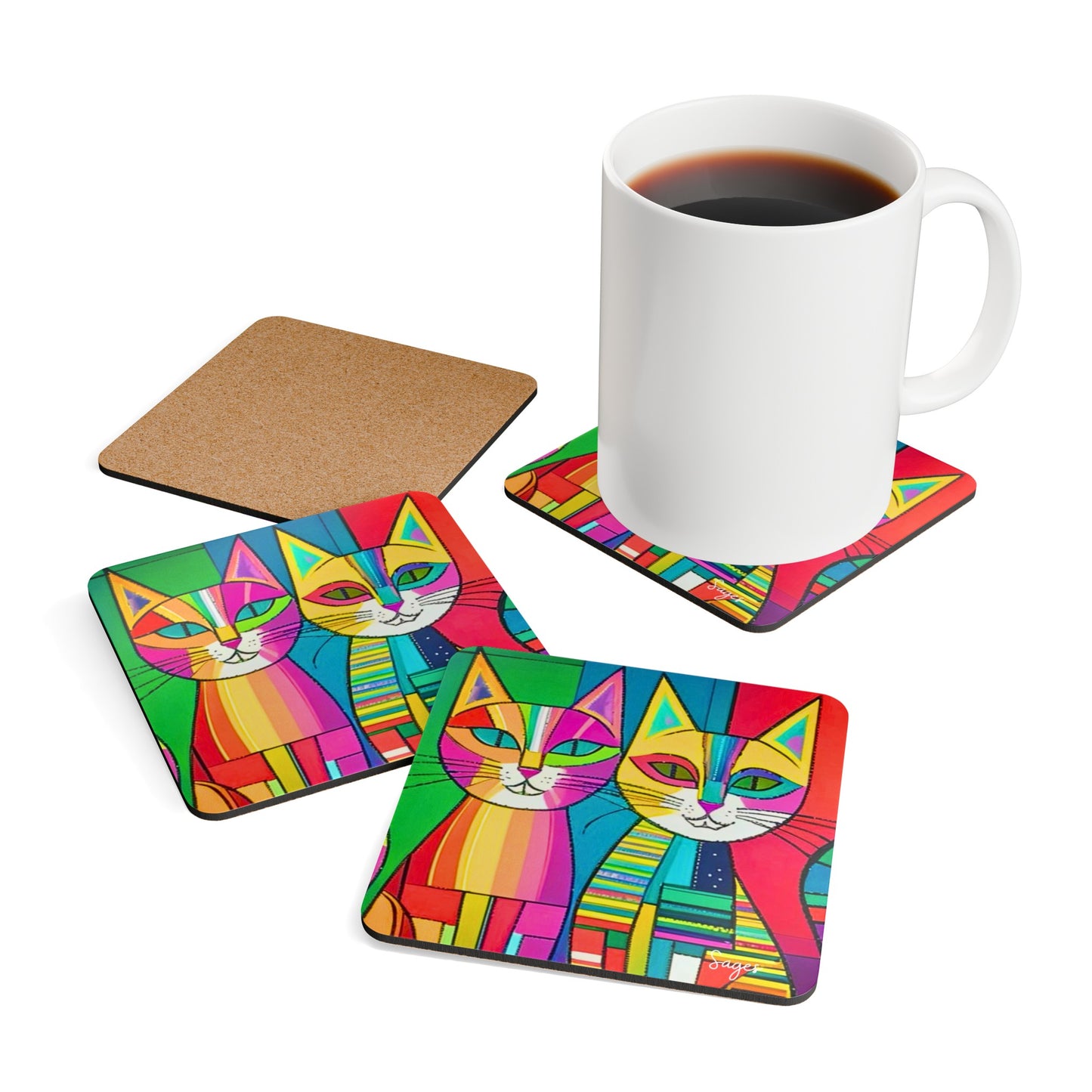 Cubist Cats Neon Midcentury Modern Cocktail Beverage Corkwood Coaster Set