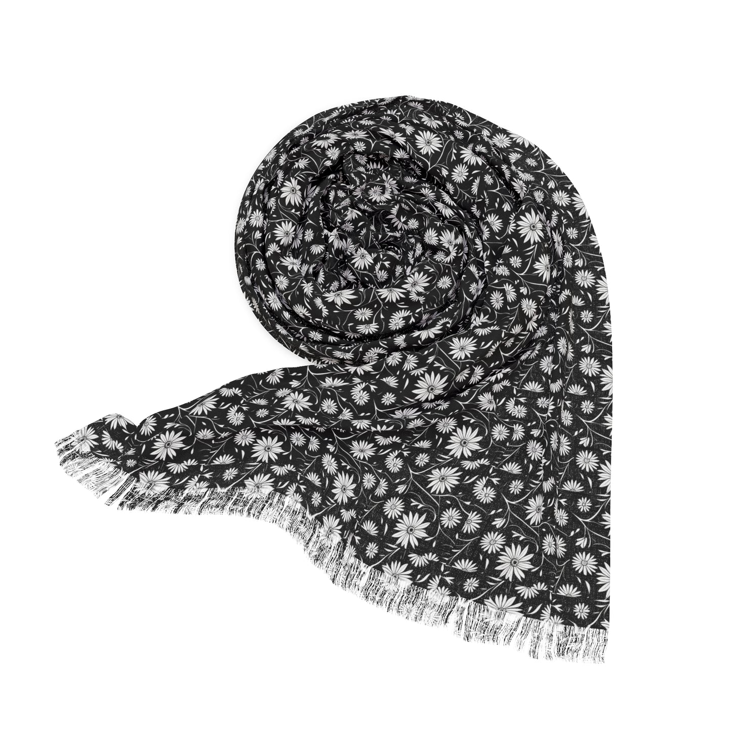 Field of Scandinavian Black and White Daisies 1970s Floral Pattern Decorative Fashion Light Scarf with Fringe